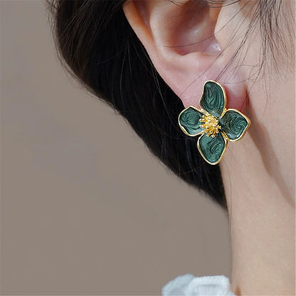 Hibiscus Dropped Glaze Flower Stud Earrings for Women