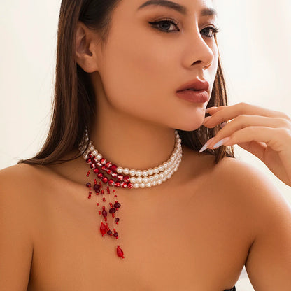 Red Blood Pearl Imitation Tassel Necklace