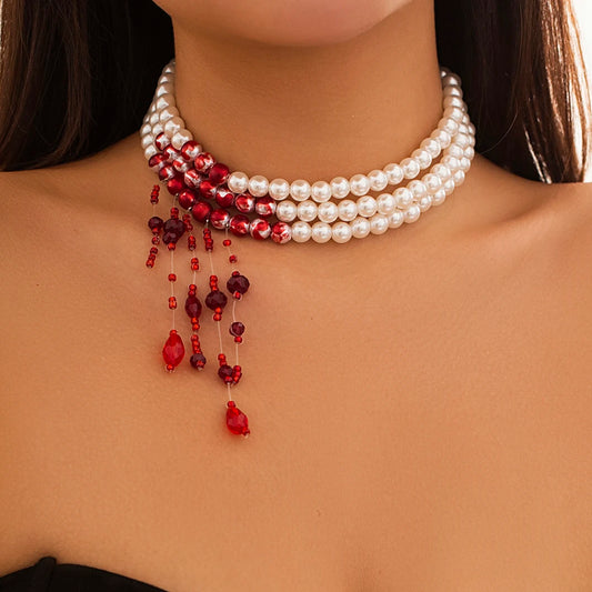 Red Blood Pearl Imitation Tassel Necklace