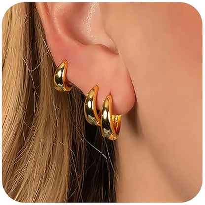 3 Pairs Chunky Golden Hoop Earrings Set