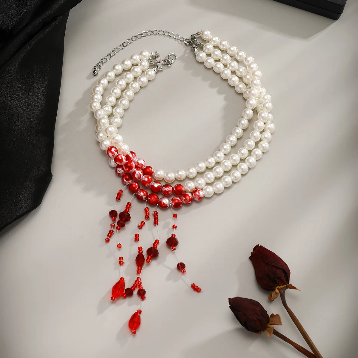 Red Blood Pearl Imitation Tassel Necklace