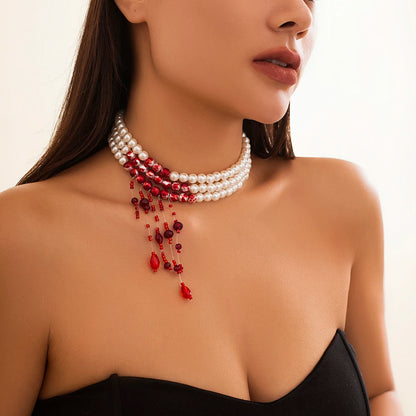 Red Blood Pearl Imitation Tassel Necklace