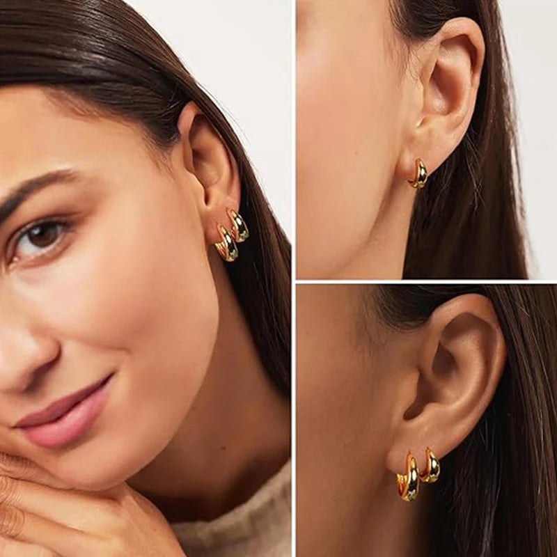 3 Pairs Chunky Golden Hoop Earrings Set